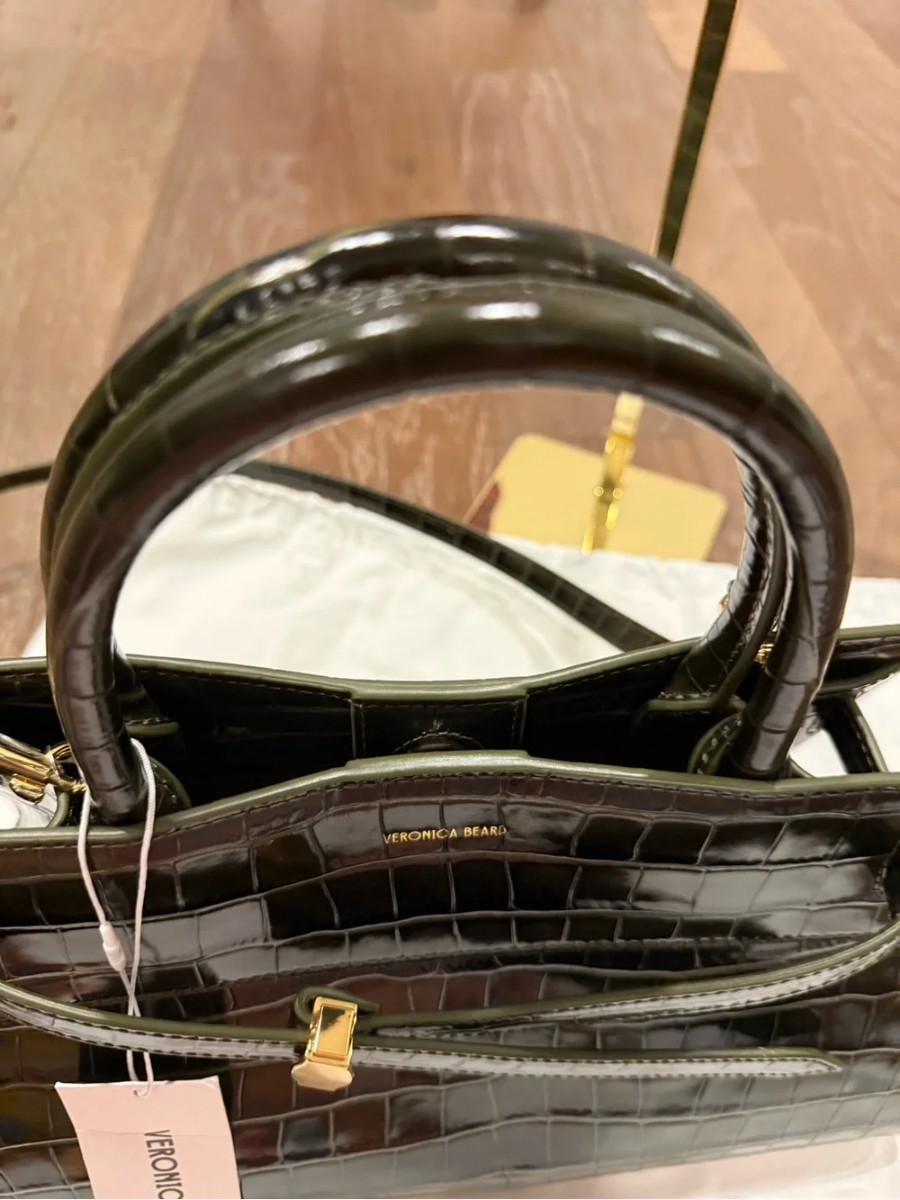 Veronica Beard Glossy Black Croc-Embossed Satchel with Front Tie